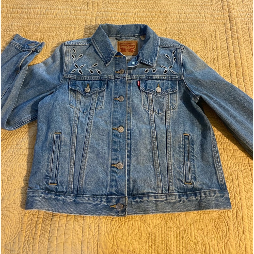 LEVI's STRAUSS JEAN JACKET FLORAL LASER CUT Large Cropped Trucker - Picture 7 of 14